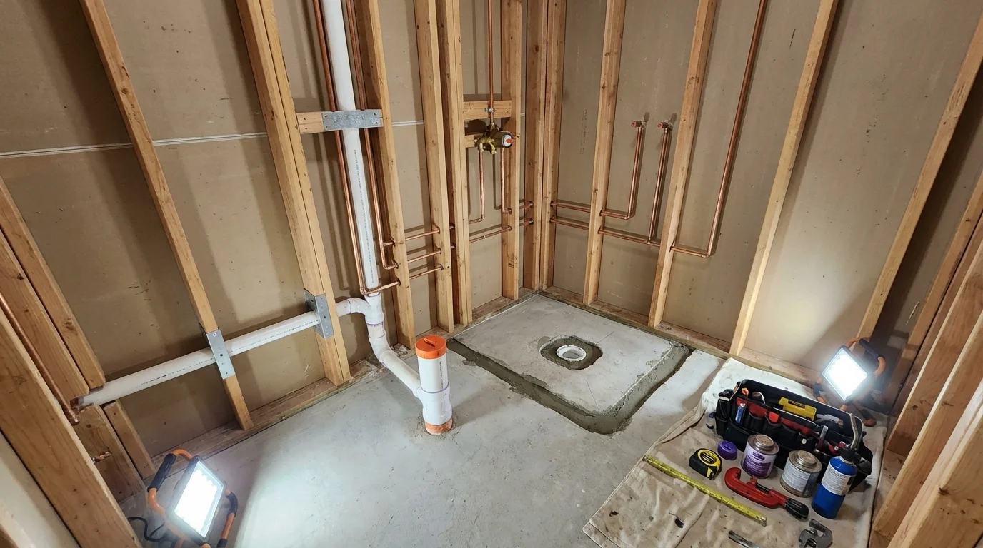 Bathroom rough-in plumbing during remodel by Johns Plumbing LLC in Watertown