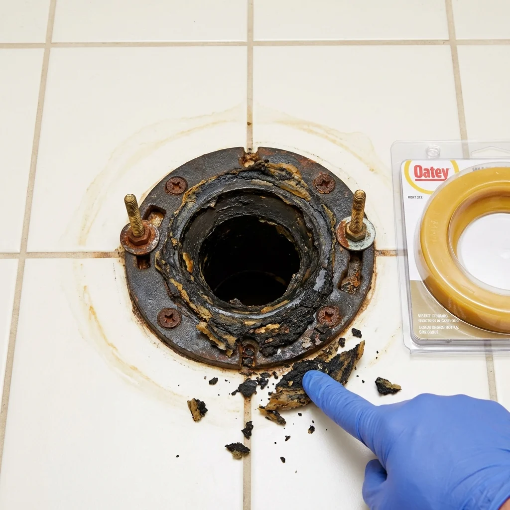 Failed wax ring showing water seepage at the base of a toilet in a Watertown, WI home